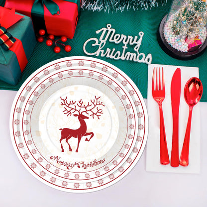 Xionpe 140-Pc Christmas Disposable Tableware Set for 20 Guests - Reindeer Themed Party Supplies with Dinner Plates, Dessert Plates, Napkins, Cups, Forks, Knives & Spoons