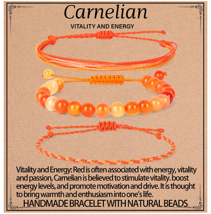 QOGIR Handmade Healing Bracelets,8mm Natural Orange Carnelian Gem Stone Beads Bracelet for Men Women Gifts with 2PCS Size Adjustable Rope Bracelets