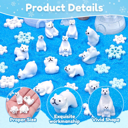 Feivando 40 Pcs Mini Resin Polar Bear Figurines with Snowflakes Tiny Little Winter Resin Animal Miniature Figures for Holiday Crafts Garden Micro Landscape Home Table Decor