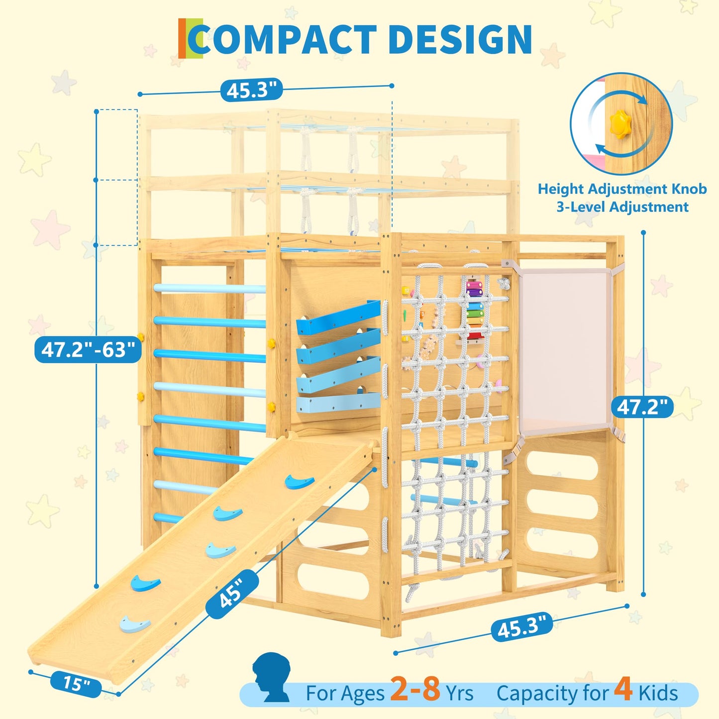 9-IN-1 Outdoor Indoor Jungle Gym, Montessori Wooden indoor playground for kids 2-8, Wooden Climbing Structure with Slide, Monkey Bars, Rope Ladder, Rock Wall, Climbing Net, Rings - Natural Wood Blue