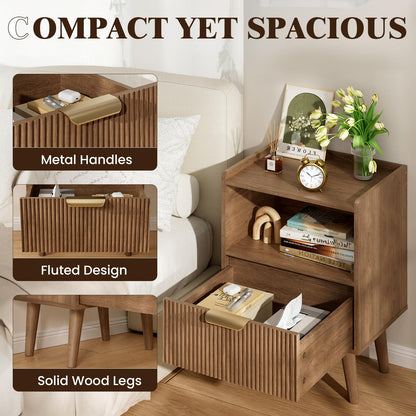 Apicizon Modern Nightstand with Storage Drawer and Open Wood Shelf, Fluted Night Stand with Solid Wood Legs, Bedside Table for Bedroom,Small Spaces, Easy Assembly,Walnut