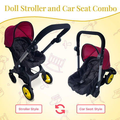 Baby Doll Car Seat Stroller Combo – Convertible 2 in 1 Doll Stroller and Car Seat for Kids – Fits Up to 20” Dolls – Play Toy Baby Stroller with Adjustable Handle for Girls Toddlers All Ages (Maroon)