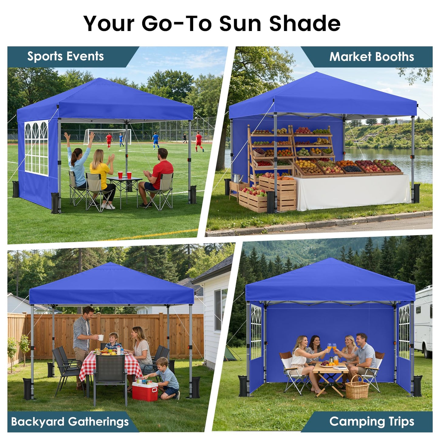 Raynesys Pop Up Canopy Tent with Sidewalls, 10x10ft 10 Person Party Tent One Push Setup, Portable Gazebo Outdoor Sun Shade for Events, Parties, Camping, Commercial, Silver Coated Top, Blue