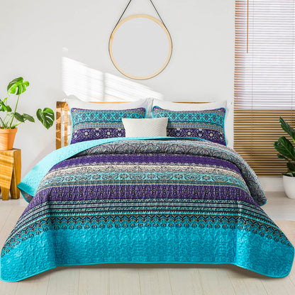 WONGS BEDDING Boho Queen Quilt Set, Blue Purple Bohemian Queen Quilt Bedding Set, Lightweight Microfiber Bed Decor Bedspread for All Season 96"x90"(3 Pieces)