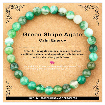 AD Beads 6mm Handmade Green Stripe Agate Elastic Bracelet – Natural Gemstone for Calm energy – Meditation, Yoga, Healing and Energy Gift for Men Women