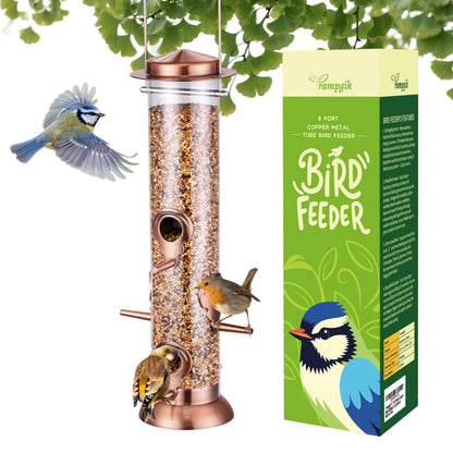 TrampgiK Bird Feeders for Outdoors,13 Inch 6 Ports Squirrel Proof Bird Feefers,Finch Feeder for Outside,Chew-Proof Metal Hanging Bird Feeder,Rust-Proof,Easy to Refill & Clean,Copper,Pack of 1