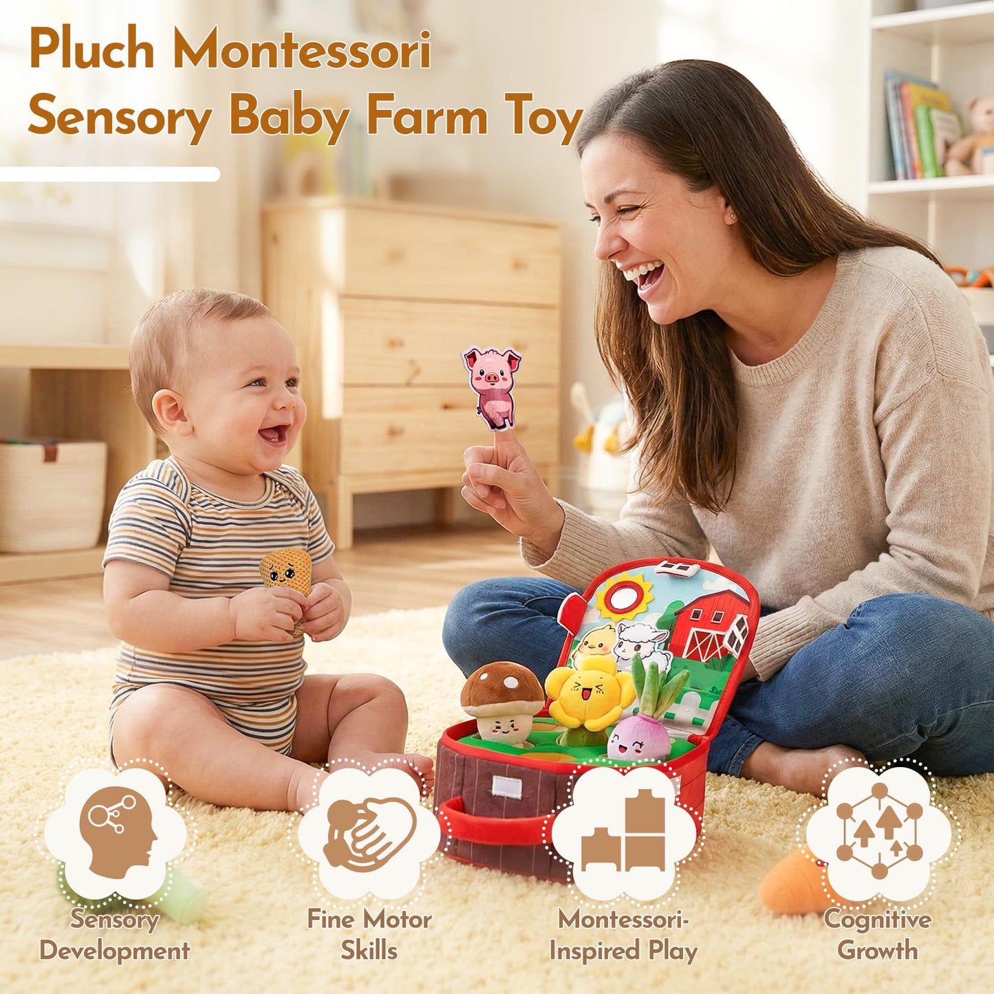 Teekdeer Baby Toys 6-12 Months, Farm Vegetable Garden Plush Toy with Animal Finger Puppets, 6 Month Old Montessori Sensory Toys with Rattles, Mirror, Squeaker, Textures, Teether, Easter Boy Girl Gifts