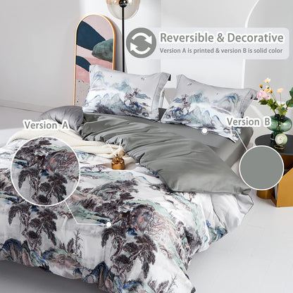 MILDLY 100% Long-Staple Cotton Duvet Cover Set Mountain Scenery Pattern Printed Comforter Cover 3pcs, Ultra Soft & Breathable Bedding Set