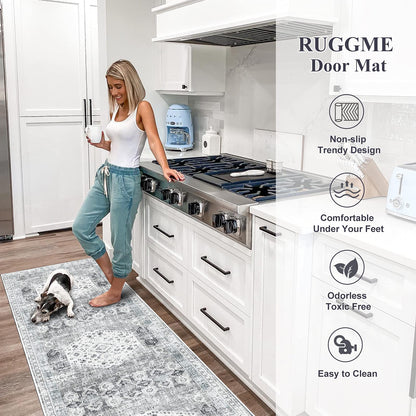 RUUGME 2x7 Washable Runner Rug - Vintage Hallway Rugs Non Slip Stain Resistant Rugs for Kitchen Living Room Bedroom Laundry Room Mat Distressed Rug Carpet Runner for Bathroom 2'x7' Grey