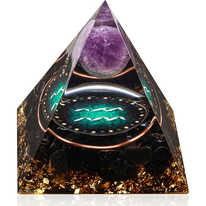 12 Zodiac Orgone Crystal Pyramid, Natural Amethyst with Obsidian,Healing Crystals Pyramid for Protection Chakra, Unique Constellation Pyramid for Positive Energy, Healing Money Health(Aquarius)