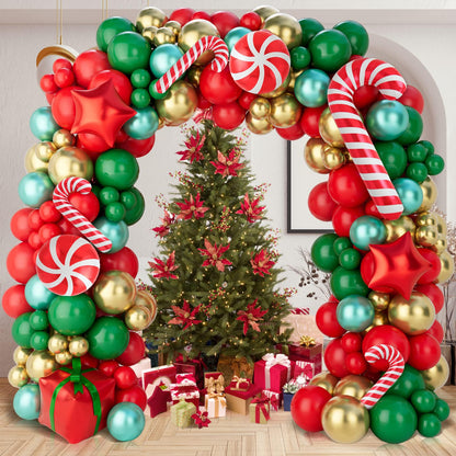 Christmas Balloon Arch Kit, 150Pcs Red Green Gold Balloon Garland with Candy Cane Balloons Red Star Balloons for Christmas Party Decorations, Xmas Decorations for Indoors