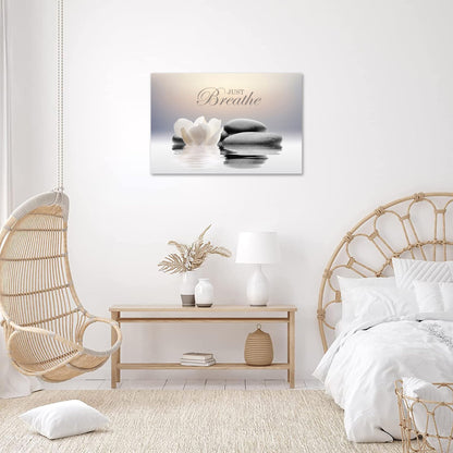 Zen Stone Canvas Wall Art Just Breathe Yoga Quotes Poster for Spa Decor White Lotus Flower Pictures Prints for Bathroom Modern Spiritual Artwork Framed (12 x 16inches)