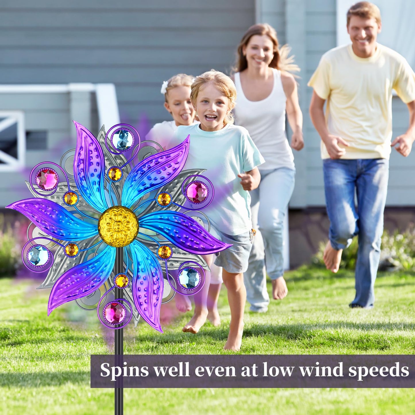 Jusimux Metal Wind Spinner Outdoor, Purple Flowers Wind Sculpture Spinners with Metal Stake, Yard Art Decor for Patio, Lawn & Garden, Creative Gifts 57.5 * 13.3 Inch