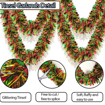 Christmas Tinsel Garland - 33 Ft Shiny Metallic Tree Winter Xmas Garland Glitter Tinsel Hanging Twist Hanging Decorations for Christmas Party Holiday Supplies （Gold Red Green）