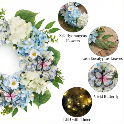 Valery Madelyn Spring Wreaths for Front Door with Lights, Silk Blue White Hydrangeas Floral Summer Wreath with Eucalyptus Leaves Butterfly for Home Porch Window Wedding Arch-18''