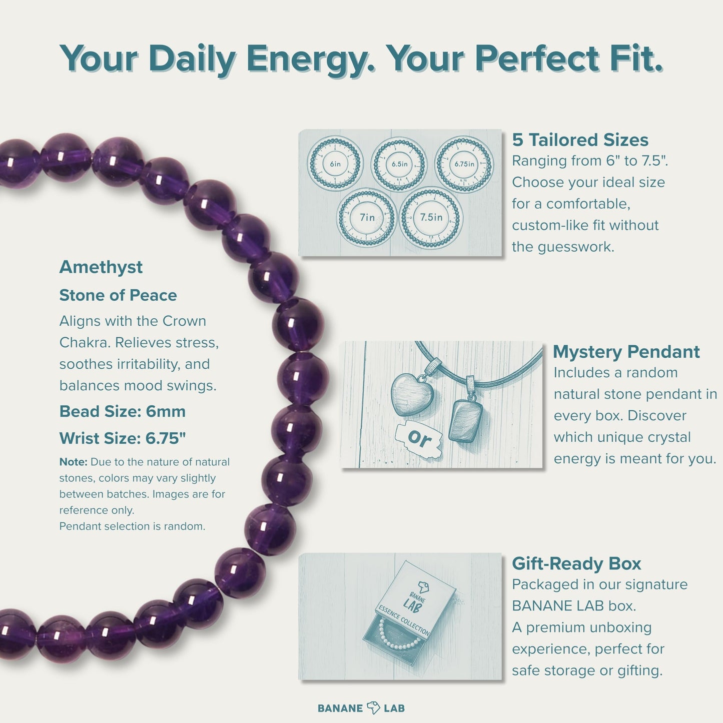 BANANE LAB Amethyst Beaded Bracelet with Mystery Polished Crystal Pendant - 6mm Real Natural Gemstone Beads for Women Men - Calm Peace Stress Relief Gift for Her him - Fits 6.75" Wrist