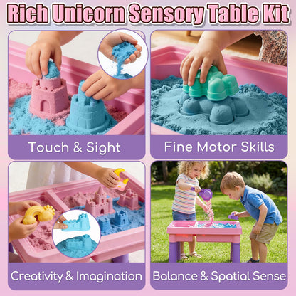 Lehoo Castle Unicorn Sensory Table with Sand, Indoor Outdoor Sand Table with Lid for Toddlers Kids, Upgraded Adjustable Legs, Red & Blue Play Sand Art Kit, Preschool Learning Activities Gifts