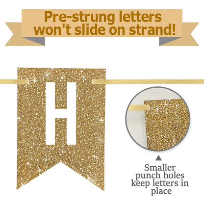 Netnology Pre-Strung Gold Happy Birthday Banner Decorations,12 ft No DIY Gold Glitter Birthday Party Banner Sign Decor for Women Men Girl Boy Party Supplies