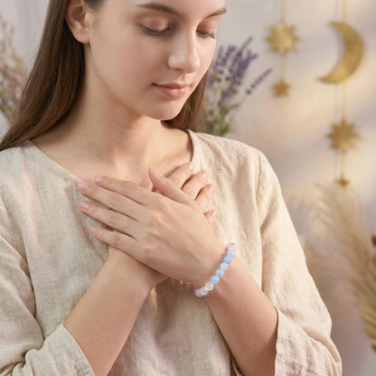 Bivei Love Bracelet, Strength Crystal Healing Bracelet 8MM with Rose Quartz & Aquamarine & Selenite - Spiritual Stretch Beaded Jewelry for Women Men Gift