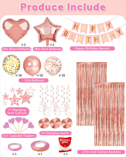 Lutoys Rose Gold Happy Birthday Party Decorations, Happy Birthday Banner, Rose Gold Foil Heart Star Confetti Balloons Curtain Backdrop Hanging Swirls Party Decor for Girls Women Princess