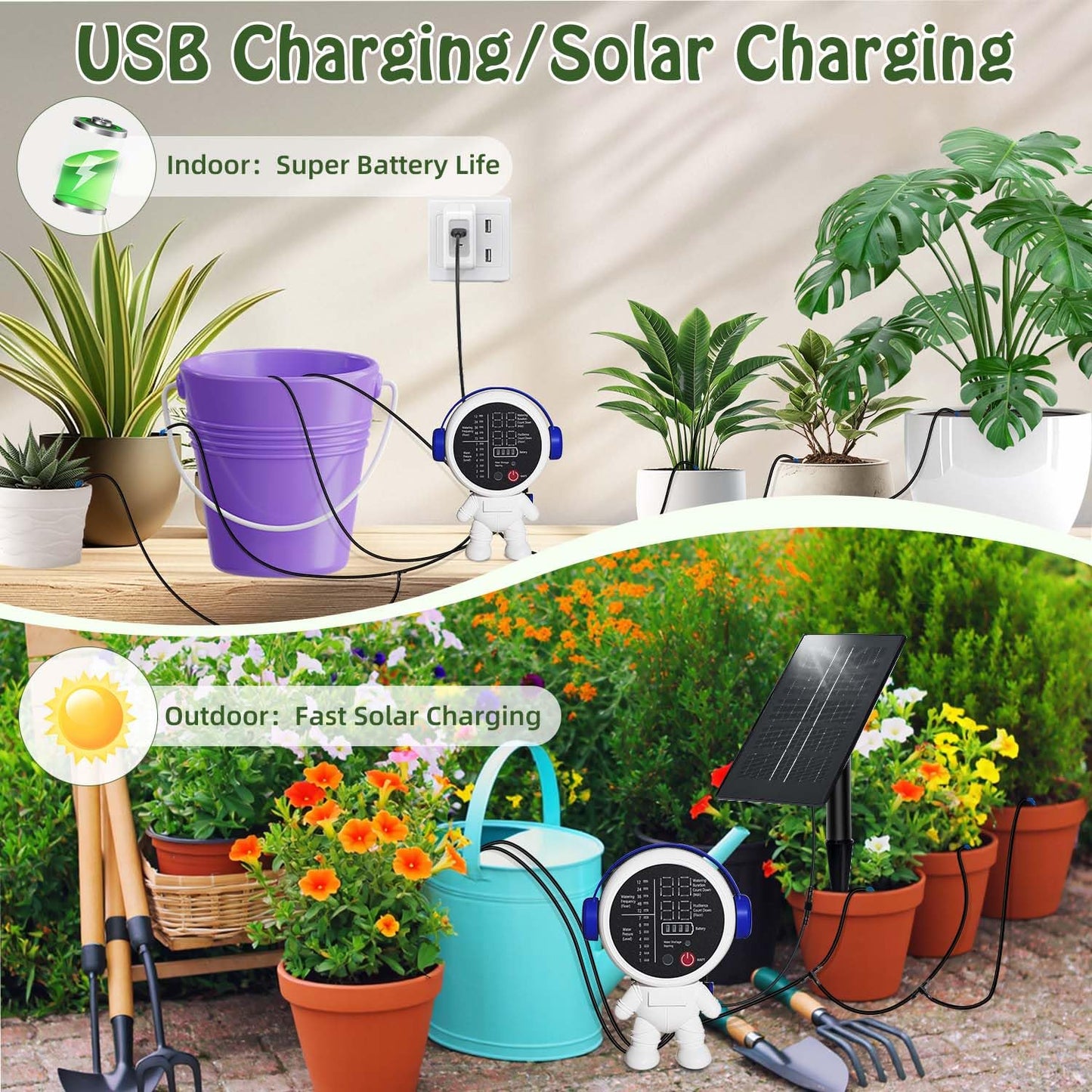 BEMTTALY Solar Drip Irrigation System for Garden/Outdoor/Indoor, Garden Solar Automatic Watering System for 15 Potted Plants, Vacation Automatic Plant Waterer Outdoor with 2500mAh Battery, 50Ft Tube