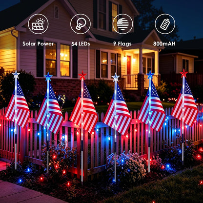 American Flag for Outside 4th of July Decorations, 9-Pack Solar Red White Blue Lights for Garden Yard Pathway, Waterproof Patriotic Decorations for 250th Anniversary, Memorial Day, Independence Day