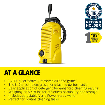 Kärcher Pressure Washer K 1, Max 1.45 GPM, 1700 PSI, Trigger Spray Gun & Vario Power Spray Wand - for Cars, Bikes, Deck, Driveways, Siding, Patios