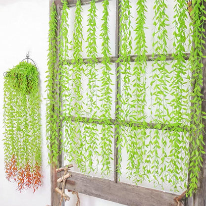 AQUGOO 5 Pcs Artificial Green Leaves Vines,Hanging Plants,Fake Vines Plastic Ivy,Wedding Wreaths, Indoor and Outdoor, Garden,Ladder Stand Decorations (Red-Tailed)