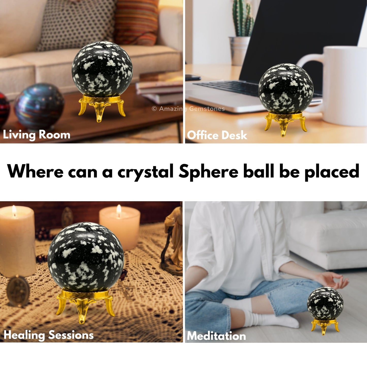 Amazing Gemstone Black and White Tourmaline Crystal Ball with Stand - 2" Inches Crystal Sphere Meditation Balls for Witchcraft and Decorative Balls