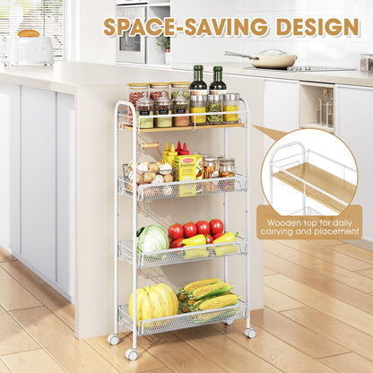 TOOLF 4-Tier Slim Rolling Cart, Metal Utility Cart, Slide Out Storage Cart with Wooden Tabletop and Mesh Baskets for Narrow Space on Kitchen Bathroom Laundry Room Bedroom Apartments Dormitory