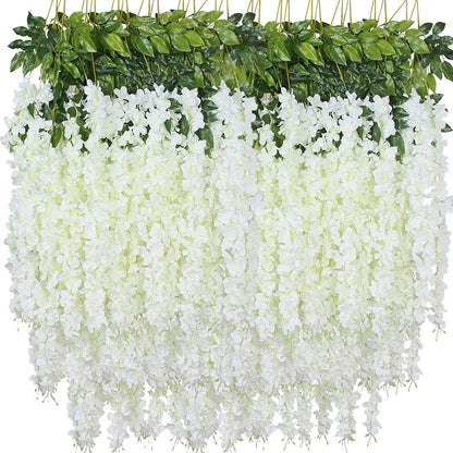 WONICE Artificial Wisteria Hanging Flowers Fake Wisteria Flower Garland Silk Vines Rattan Decor for Home Wedding Arch Wall Garden Greenery Bedroom Outdoor Office Party Decoration (12, White)