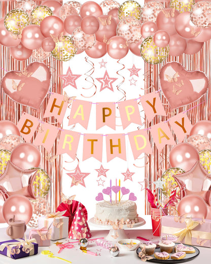 Lutoys Rose Gold Happy Birthday Party Decorations, Happy Birthday Banner, Rose Gold Foil Heart Star Confetti Balloons Curtain Backdrop Hanging Swirls Party Decor for Girls Women Princess