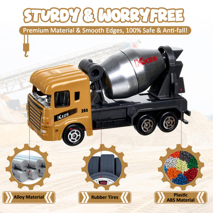 Construction Trucks Vehicles, 6Pcs Die-cast Construction Toys Set, Toys for Boys, Mini Excavator Mixer Truck Bulldozers Forklift Dump Truck,Roller, Car Playset Gift for Boys Age 3-9