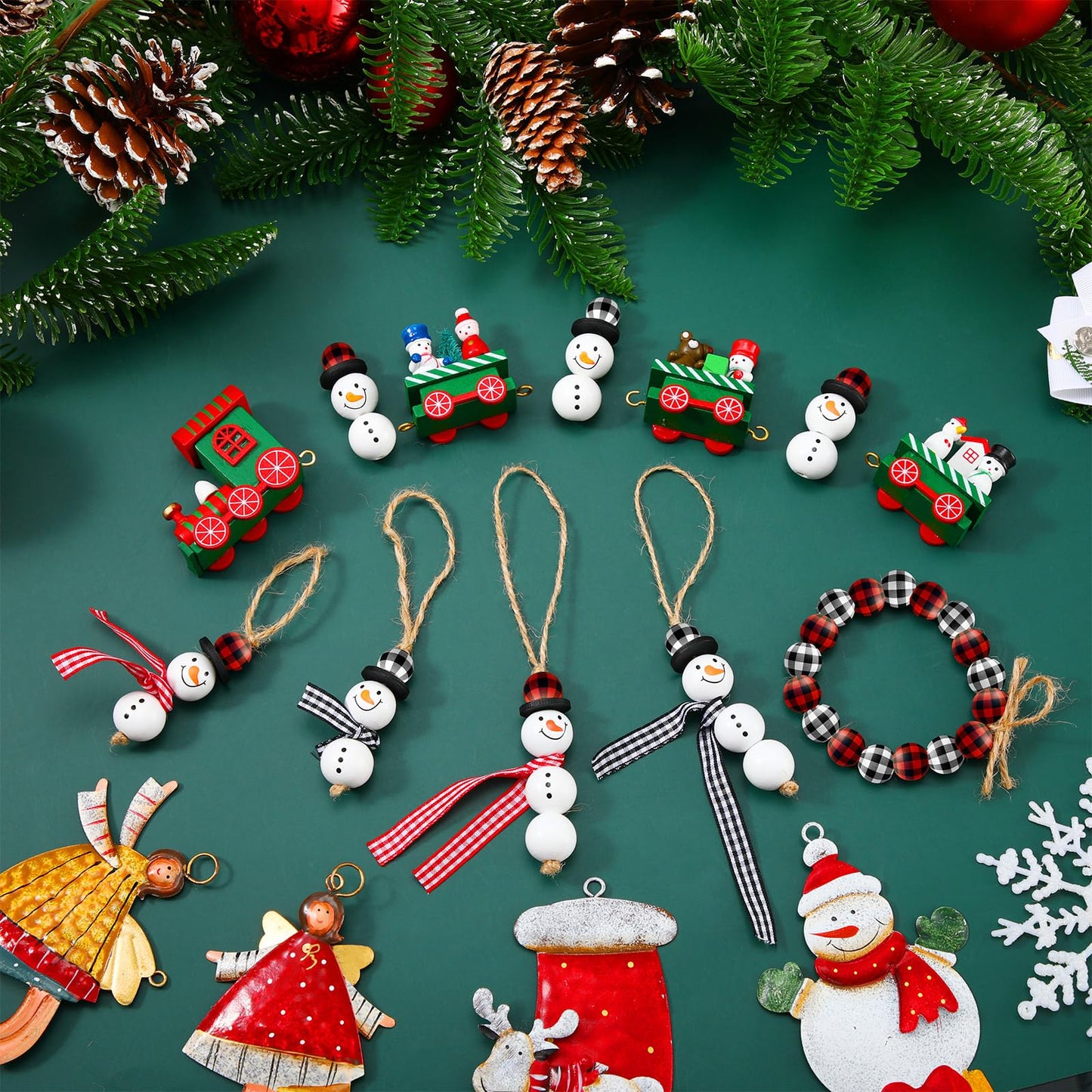 Landical 180 Piece DIY Christmas Snowman Wooden Bead Crafts Christmas DIY Ornaments Red Black Buffalo Plaid Wood Round Bead Xmas Print Wooden Beads with Twine Scarf for Crafts