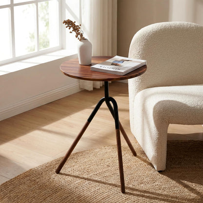 RECCI Small Round Side Table, Modern Solid Wood End Table with FSC Certified Wood & Knotted Metal Frame, Small Accent Couch Sofa Side Table for Living Room Bedroom, Walnut