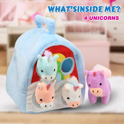 Hopearl Magic Unicorn House Interactive Plush Toy Set Fun Playhouse for Toddlers Early Learning Educational Gift for Kids Cute Pony Hide & Seek Game, 11''