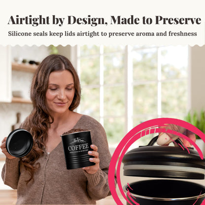 noonberry Kitchen Canisters for Countertop – 5-Piece Airtight Canister Sets for the Kitchen Counter with Utensil Holder – Flour Sugar Coffee Tea Containers – Matte Black Finish