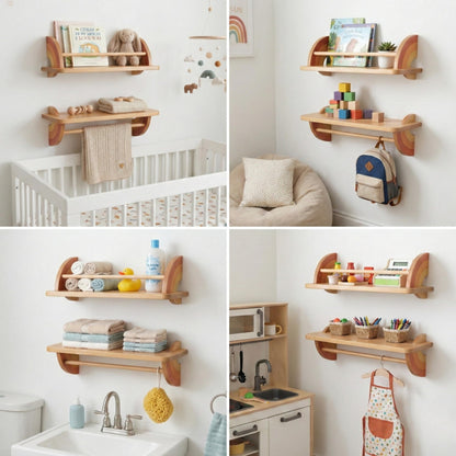 KitzeyBee Nursery Book Shelves Set of 2 - Solid Beech Wood Rainbow Floating Bookshelf for Kids Wall, Wall Mounted Toddler Bookshelf with Hanging Bar for Baby Room Decor, Holds 25 lbs (Pastel, 19.7in)
