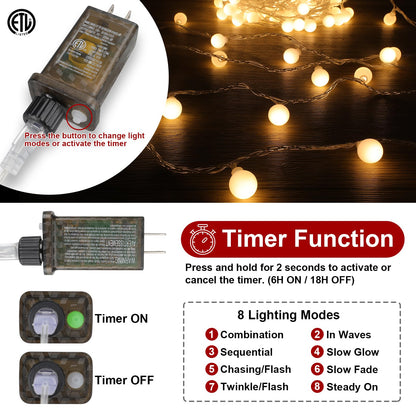 33FT 100LED Christmas Lights Indoor, Globe String Lights for Bedroom 8 Modes with Remote, Outdoor Hanging Fairy Lights for Room Wedding Garden Christmas Tree Party Decor, Warm White