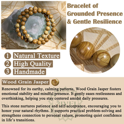 Bivei Natural Gemstone Semi Precious Healing Crystals Handmade Stretchy Round Beads Bracelet, Enhance Positive Energy,Stocking Stuffers for Women(Wood Grain Jasper (Stability & Strength)(Large))