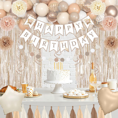 Birthday Decorations for Women, Beige Cream Neutral White Sand Confetti Balloons Boho Happy Birthday Banner Fringe Curtains Hanging Swirls Circle Dots Tassels Pompoms Women Girls Party Supplies
