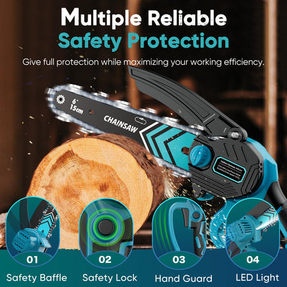 Mini Chainsaw- 6 Inch Electric Mini Chain Saw Cordless Battery Powered One-Hand Tree Trimming Saw, Portable Gardening Gadgets for Men, Unique Birthday Gifts (Blue)