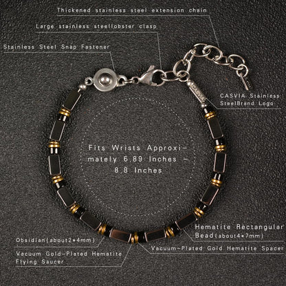 Casvia Hematite & Obsidian Bracelet for Men, GritChain Adjustable Stainless Steel Beaded Bracelet, Easy to Wear Chakra Jewelry, Ideal Gift for Dad, Husband, Boyfriend