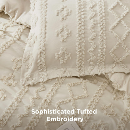 Bedsure Tufted Boho Comforter Set Queen Size - Beige Boho Bed Set, GentleSoft™ 3 Pieces Farmhouse-Style Embroidery Bedding, Gifts for Woman, Soft Jacquard Queen Comforter for All Seasons
