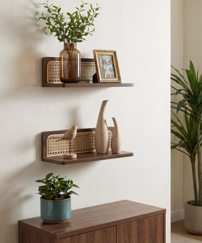 Mazjoaru Rattan Wall Shelf Mid Century Modern Decor Floating Shelves Walnut Boho Wall Decor Decorative Shelving Home Decor Living Room Bedroom Coffee Bar Bathroom Plant Photo 16inch