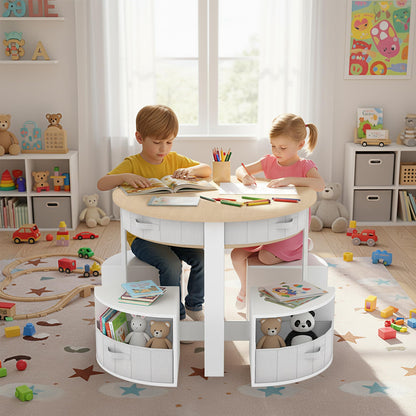 Kids Table and Chair Set, 5 Pieces Wooden Round Nesting Design Children Multi-Activity Table With 4 Storage Stools & 4 Fabric Drawers, Toddler Table and Chair Set for Play/Art/Reading/Craft