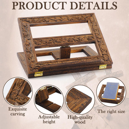 DoubleFill Adjustable Wooden Bible Stand Carved Bible Holder Missal Stand Book Display for Reading Folding Religious Prayer Wooden Holy Book Holder 12.99 x 10.04 Inches(Dark Brown)