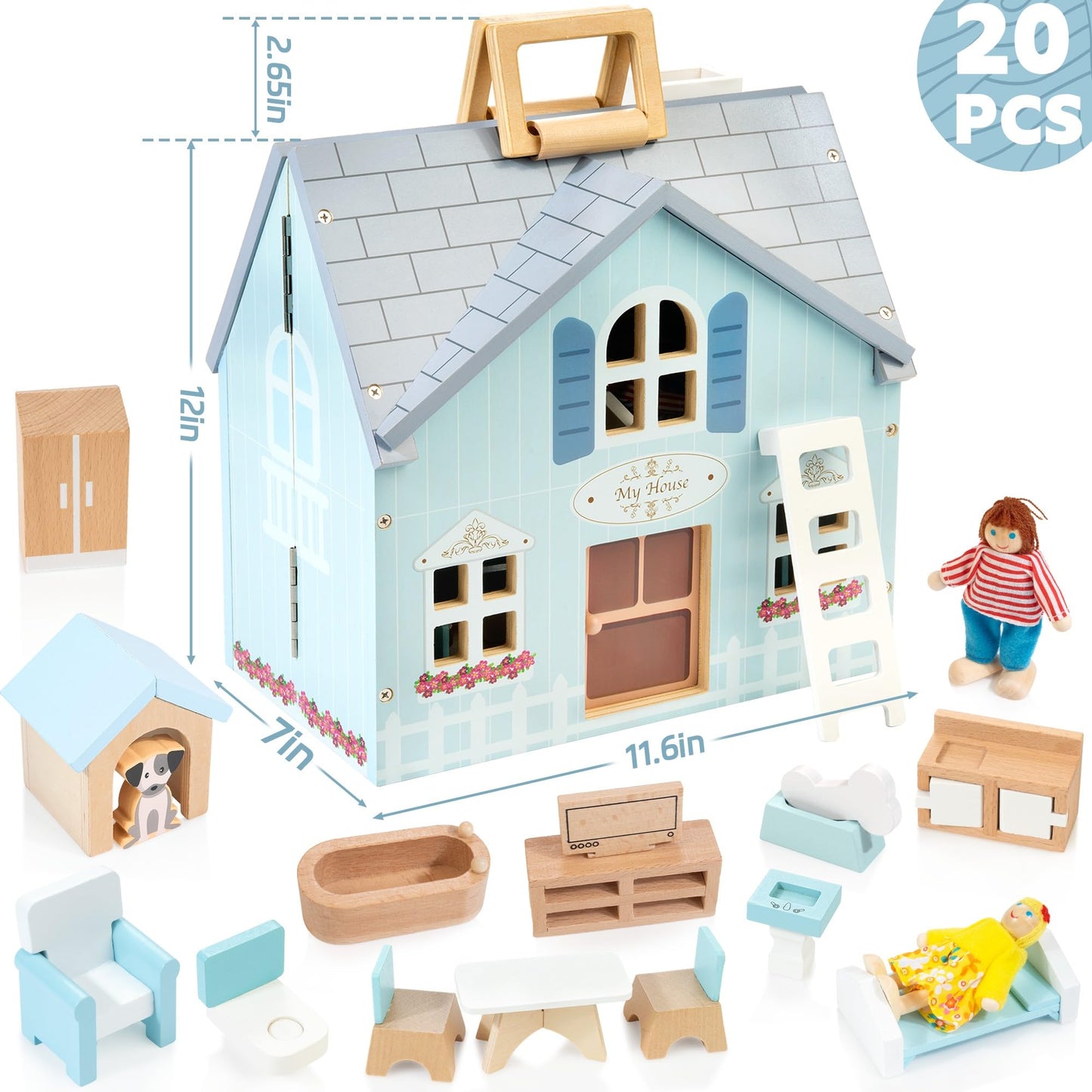 WOODMAM Foldable Wooden Dollhouse with 2 Dolls & Pet Set, 20PCS Furniture Wooden Doll House for Girls Age 3-6, Portable Pretend Play Toy, Christmas Birthday Gift for Toddlers