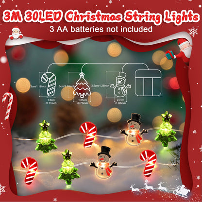 Coquimbo Christmas Lights Decorations, 10FT 30LED Christmas Tree Snowman Crutch String Lights for Home Party Indoor Outdoor Xmas Festive Holiday Decorations