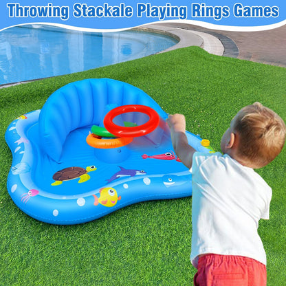 iGeeKid Baby Play Mat with Sprinkler, Inflatable Baby Pool Float with Canopy Backrest & Stackable Rings Water Sprinkler for Kids, Outdoor Water Play Toys for Toddlers Backyard Swimming Water Games